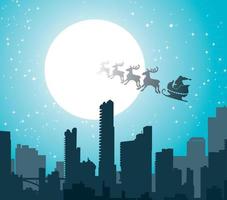 Christmas City against the setting sun and the flying Santa vector