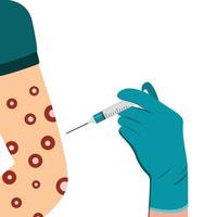 Vaccination against monkeypox virus in the shoulder and arm with a syringe. Eruption on the body. Monkey Pox virus disease symptoms on hands rash infection. Vector illustration isolated