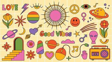 Set of hipster retro cool psychedelic elements. Collection stickers of groovy cliparts from the 70s 60s. Collage with trendy pop vibe with funky design element. Abstract background of cartoon sticker vector