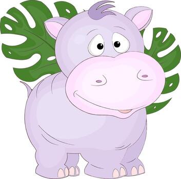 cute baby hippopotamus with tropical leaves vector