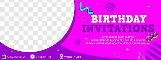 banner de invitación de fiesta de cumpleaños de color púrpura. Diseño estilo memphis y temática alegre. banner de redes sociales vector