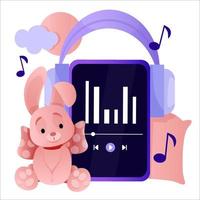 Purple tablet with a cute pink bunny in front of a pillow and the moon vector