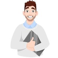 Young smiling man holding a laptop in his hands vector