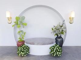 Podium mockup display for product presentation decorated with flower and plant photo