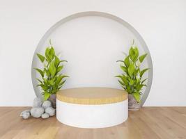Podium mockup display for product presentation decorated with green plant photo