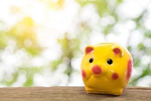 Yellow piggy bank on wooden table over blurred natural bokeh background. saving, money concept photo