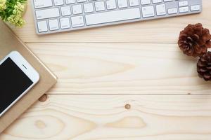 Wooden table with office top view photo