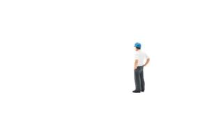 Miniature people engineer worker construction concept isolated on white background on white background photo