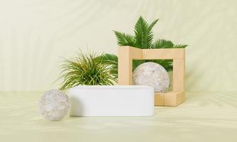 3d rendering Minimal modern product display on neutral background. podium and green leaves. Concept scene stage showcase for new product, promotion sale, banner, presentation, cosmetic photo