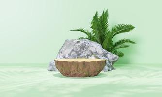 3d rendering Minimal modern product display on neutral background. podium and green leaves. Concept scene stage showcase for new product, promotion sale, banner, presentation, cosmetic photo
