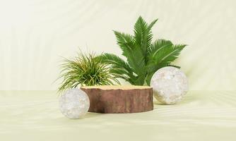 3d rendering Minimal modern product display on neutral background. podium and green leaves. Concept scene stage showcase for new product, promotion sale, banner, presentation, cosmetic photo