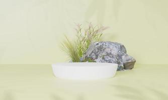 3d rendering Minimal modern product display on neutral background. podium and green leaves. Concept scene stage showcase for new product, promotion sale, banner, presentation, cosmetic photo