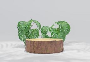 3d rendering Minimal modern product display on neutral background. podium and green leaves. Concept scene stage showcase for new product, promotion sale, banner, presentation, cosmetic photo