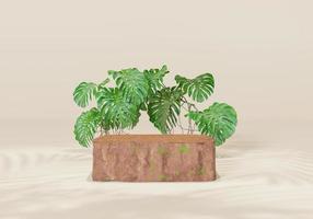 3d rendering Minimal modern product display on neutral background. podium and green leaves. Concept scene stage showcase for new product, promotion sale, banner, presentation, cosmetic photo