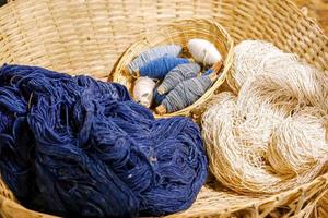 Group of Yarn for weaving in the bamboo basket. photo