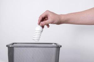 A hand throws a light bulb into a trash can against a gray background. photo