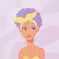Beautiful young woman with purple curly hair, headscarf and yellow summer dress. Confident girl on purple background. Colorful vector illustration.