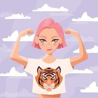 Beautiful young girl with short pink hair showing muscles wearing white shirt with tiger. Confident young woman smiling on light purple background with white clouds. Colorful vector illustration.