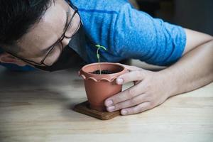 el hombre agrícola está plantando brotes de maleehuana foto