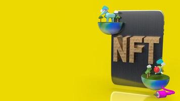 el texto nft dorado en la representación 3d de fondo amarillo de la tableta foto