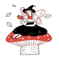 The young woman in a fancy dress sits and reads a book on a large mushroom