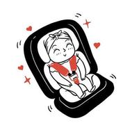 Vector illustration of happy smiling child sitting in a car seat on a white background