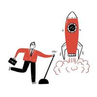 Businessman launches rocket into the sky, employee performs the start-up of the spacecraft. Business startup concept vector