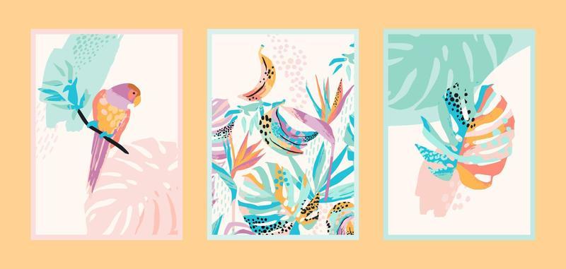 Set of art prints with abstract tropical nature. Fresh and bright colors. Modern vector design for posters, cards, cover packaging and more