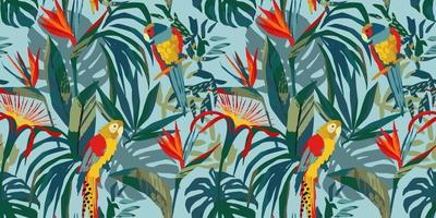 Abstract art seamless pattern with parrots and tropical plants. Modern exotic design for paper, cover, fabric, interior decor and other users. vector