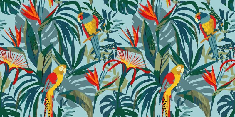 Abstract art seamless pattern with parrots and tropical plants. Modern exotic design for paper, cover, fabric, interior decor and other users.
