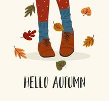 Cute Autumn illustration. Womens feet in boots. Vector design for card, poster, flyer, web and other use.