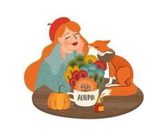 Cute girl with a fox. Autumn fairy tale illustration. Vector design for card, poster, flyer, web and other use.