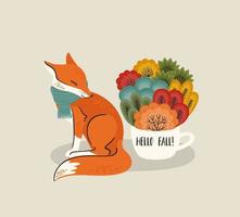 Autumn illustration. Cute fox with forest in cup . Vector design for card, poster, flyer, web and other use.