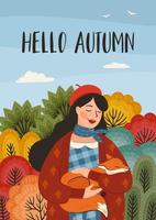 ilustración de otoño linda chica con un zorro. diseño vectorial para tarjetas, afiches, volantes, web y otros usos. vector