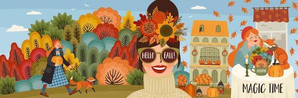 Autumn banner with peopel and nature. Hand drawn graphic arts and textures. Vector design template.