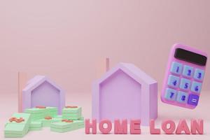 Modern house, money and calculator word home loan against pastel pink background, pastel cartoon tones 3d render 3d illustration modern color minimalist design. photo