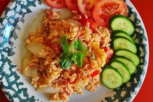 Ham fried rice with onions, Asian style fried rice, street food fried rice available in Thailand. photo