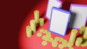 Mobile phone with lots of gold bitcoins lined up against a dark red background 3D render. photo