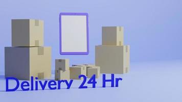 Online shopping by mobile phone and 24 hour delivery, mobile phone with delivery box on blue background, 3D render. photo