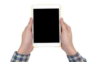 Male hands holding a white tablet touch computer gadget with touch blank black screen isolated on  white background. photo