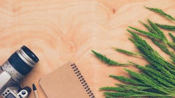 Top view of  camera with notebook and whet crop on wooden table background. photo