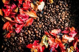 The background image is made of coffee beans decorated with flowers. background concept for coffee shop photo