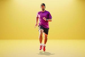 Healthy Asian man running on colored background with copyspace. photo