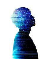 Think of humans and technology in the virtual world. The concept of A.I. technology that is playing a role in human beings. silhouette of people with electronic circuits on a white background photo