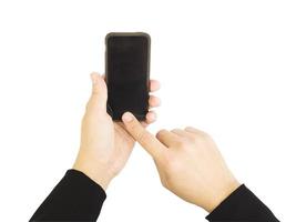 A business mas hands is using - pushing mobile phone. Photo is isolated over white and included clipping path.
