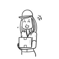 hand drawn doodle courier girl holding package box illustration vector