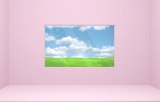 Pink room with window with beautiful view. Abstract concept, imagination, tourism. photo