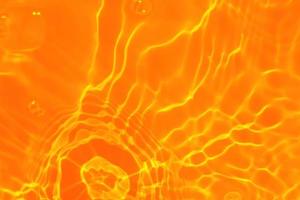 Defocus blurred transparent orange colored clear calm water surface texture with splashes and bubble. Trendy abstract nature background. Water wave in sunlight with copy space. Blue watercolor texture photo