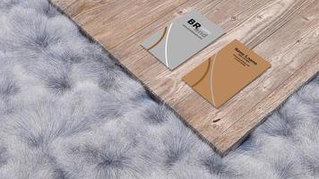 A 3d rendering image of name card on wooden plate place on white fur. photo