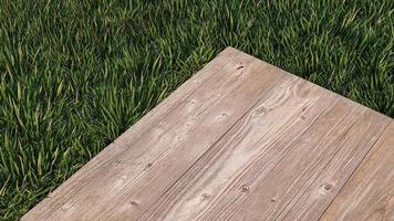 A 3d rendering image of wooden plate place on grass field photo